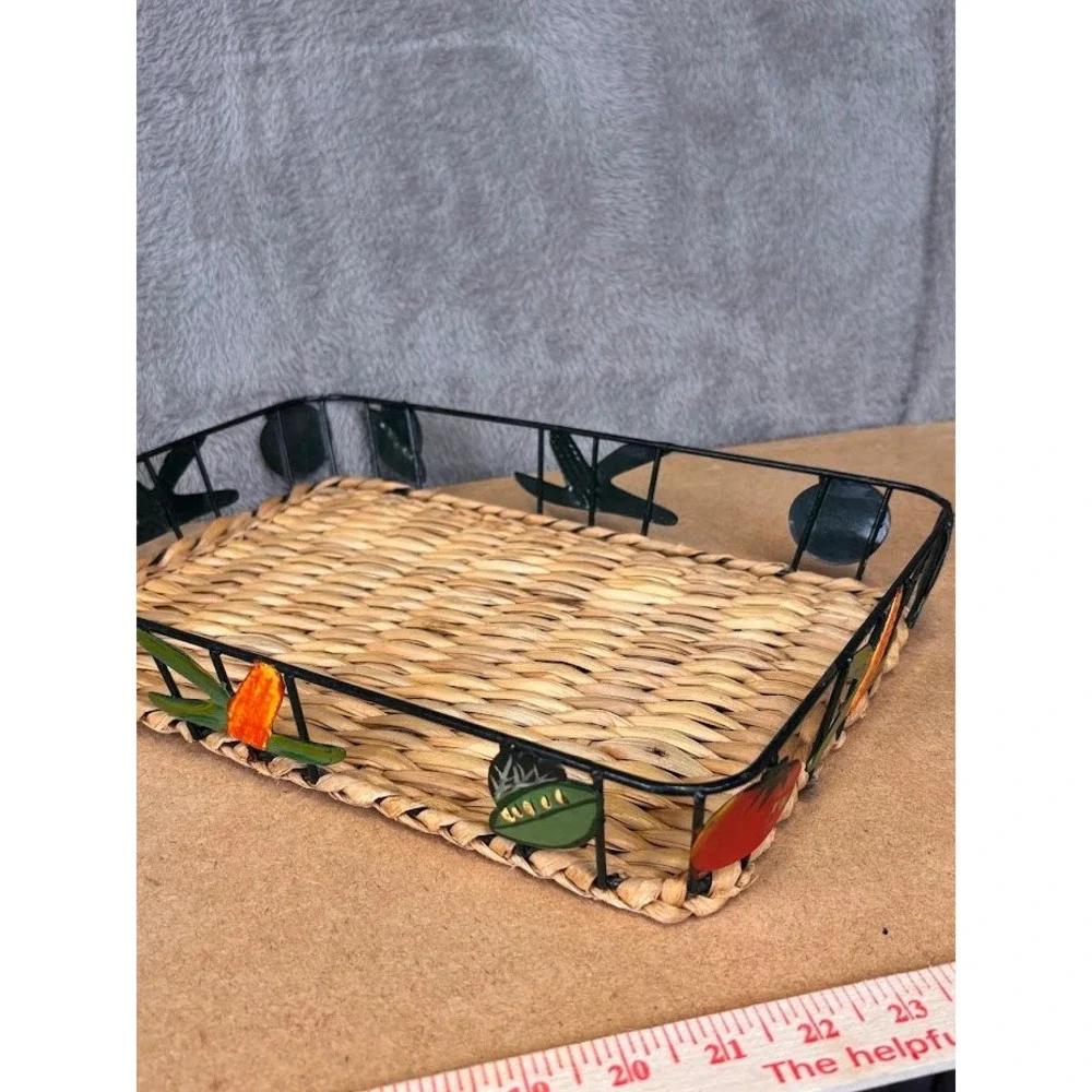 Vintage 9x13 Glass Baking Pan 3 Qt with Woven Basket Metal Vegetable Carrier USA